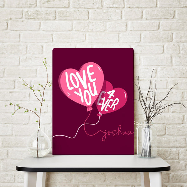Love You 4Ever Personalized Balloon Illustration, Canvas Print, Couples Gift, Valentines Day Gift, Customizable Background + Stain Options